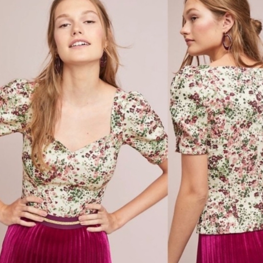 Anthropologie Maeve Alchemy Floral Jacquard Puff Sleeve Top Size 4